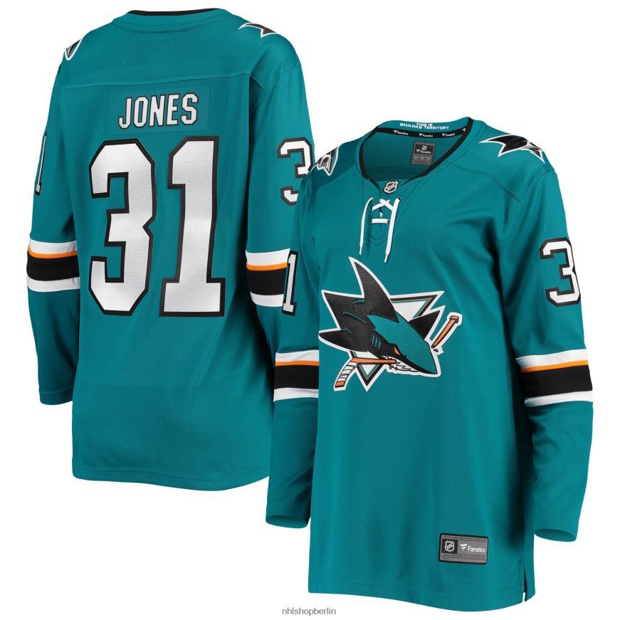 Frauen NHL Blaugrünes Breakaway-Spielertrikot der San Jose Sharks mit Martin Jones-Fanatiker-Logo Kleidung BF680T2300