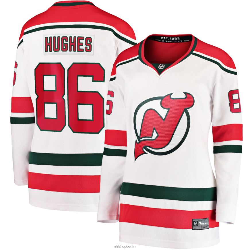 Frauen NHL New Jersey Devils Jack Hughes Fanatics Branded White 2022/23 Heritage Premier Breakaway-Trikot Kleidung BF680T480