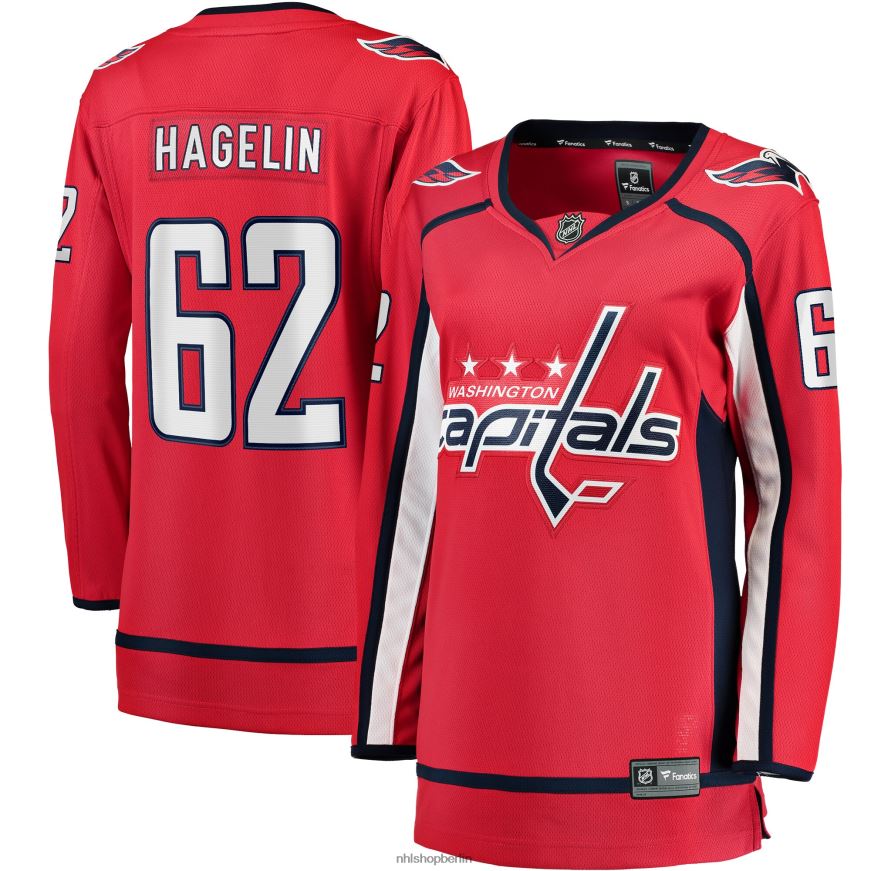 Frauen NHL Rotes Heim-Ausreißertrikot der Washington Capitals mit Fanatics-Logo von Carl Hagelin Kleidung BF680T2337