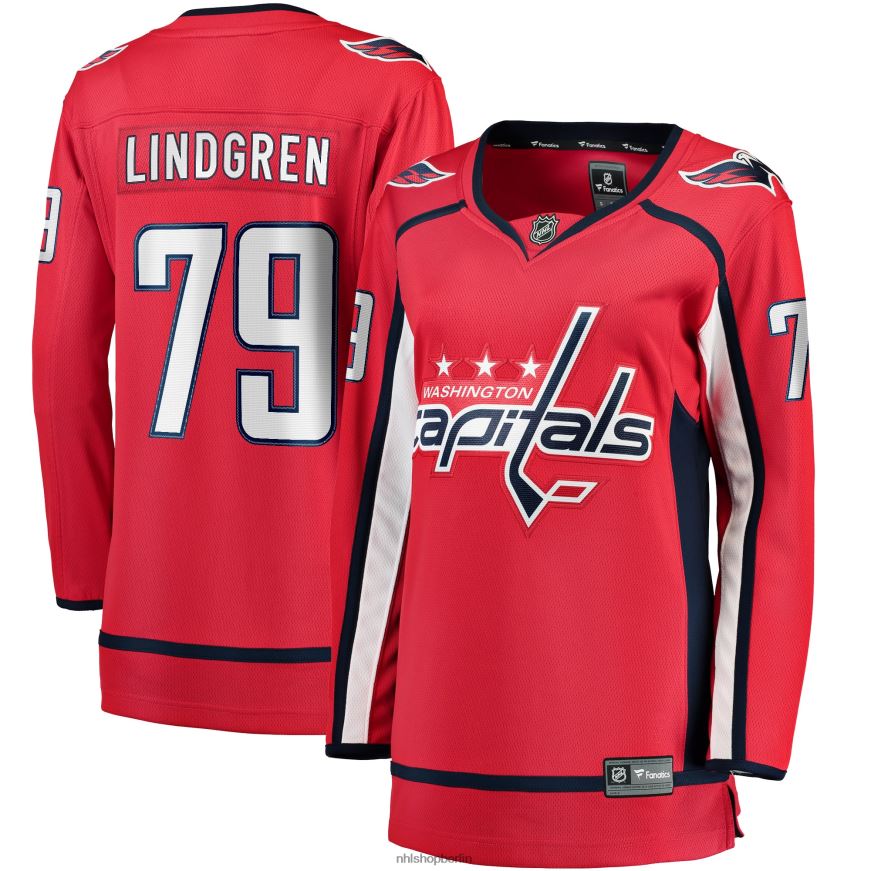 Frauen NHL Rotes Heim-Ausreißertrikot der Washington Capitals mit Fanatiker-Logo von Charlie Lindgren Kleidung BF680T1898