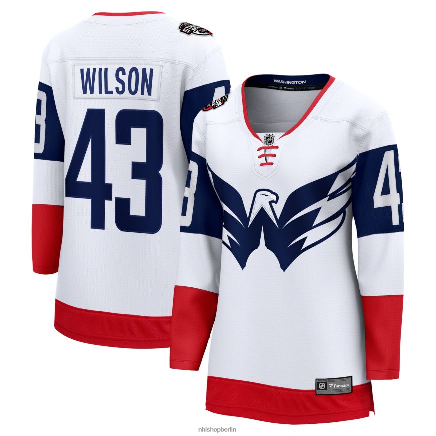 Frauen NHL Weißes Breakaway-Spielertrikot der Stadium Series 2023 von Washington Capitals mit Fanatics-Logo von Tom Wilson Kleidung BF680T658