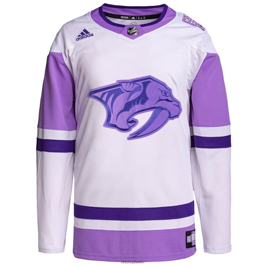Männer NHL Authentisches Blanko-Trainingstrikot der Nashville Predators adidas in Weiß/Lila Hockey bekämpft Krebs Primegreen Kleidung BF680T688