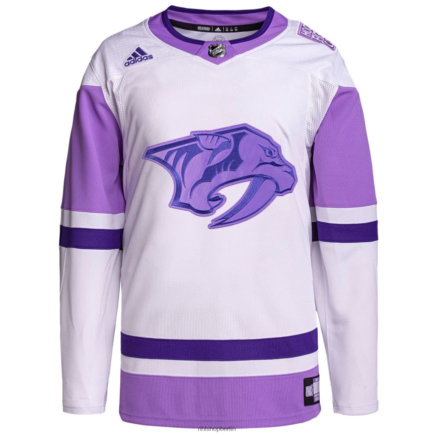 Männer NHL Authentisches individuelles Trikot der Nashville Predators adidas in Weiß/Lila Hockey Fights Cancer Primegreen Kleidung BF680T2444