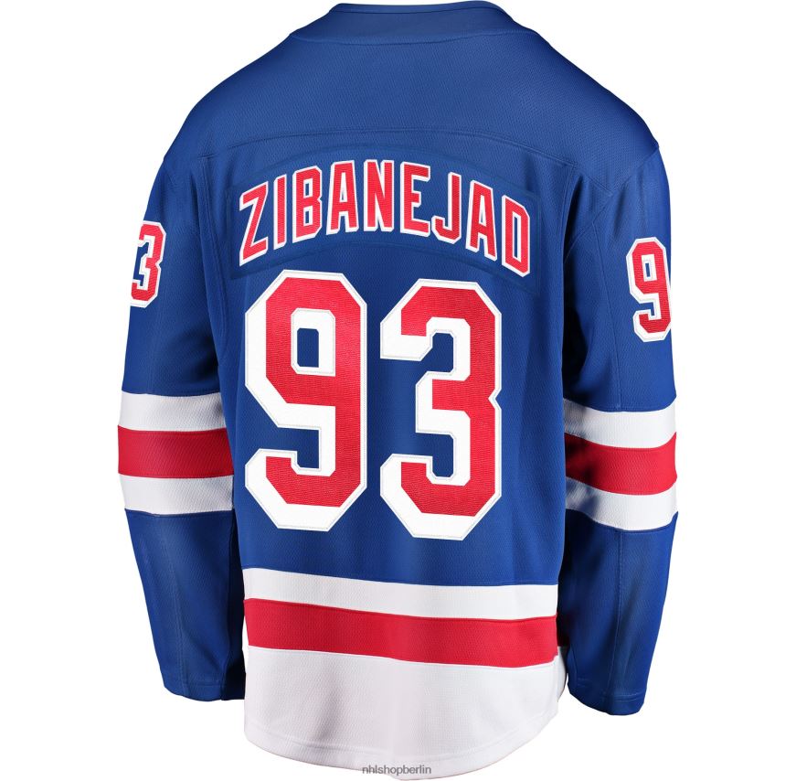 Männer NHL Blaues Premier-Breakaway-Spielertrikot der New York Rangers mit Mika-Zibanejad-Fanatiker-Logo Kleidung BF680T88