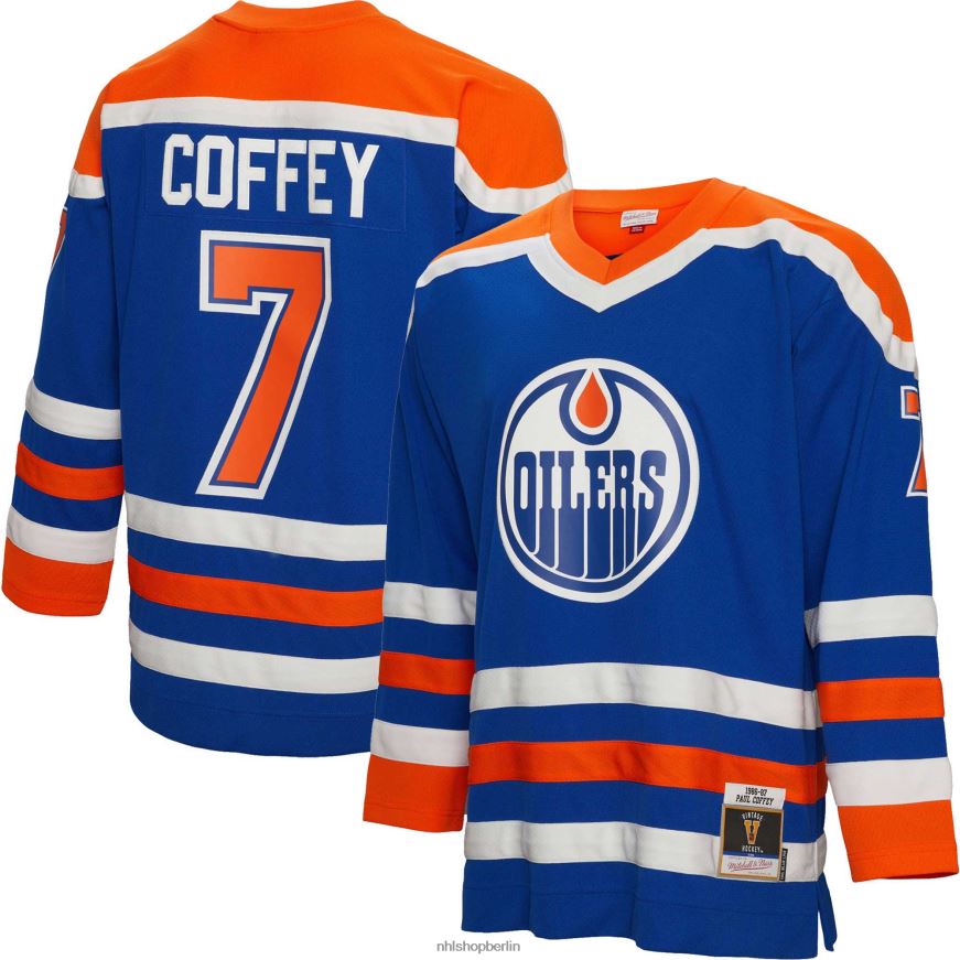 Männer NHL Edmonton Oilers Paul Coffey Mitchell  Ness Royal 1986 Blue Line Player-Trikot Kleidung BF680T1463
