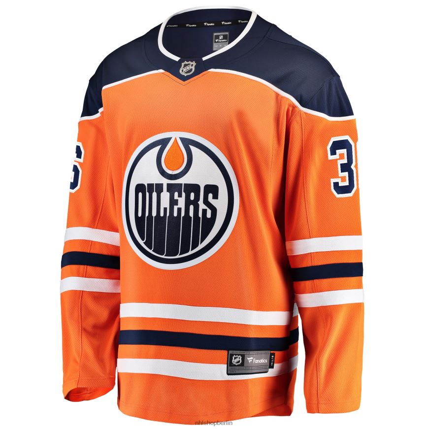 Männer NHL Orangefarbenes Home-Breakaway-Spielertrikot der Edmonton Oilers mit Jack Campbell Fanatics-Logo Kleidung BF680T1901