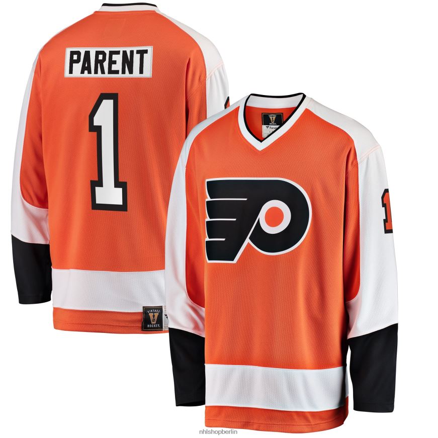 Männer NHL Philadelphia Flyers Bernie Parent Fanatics gebrandetes orangefarbenes Premier Breakaway-Spielertrikot im Ruhestand Kleidung BF680T577