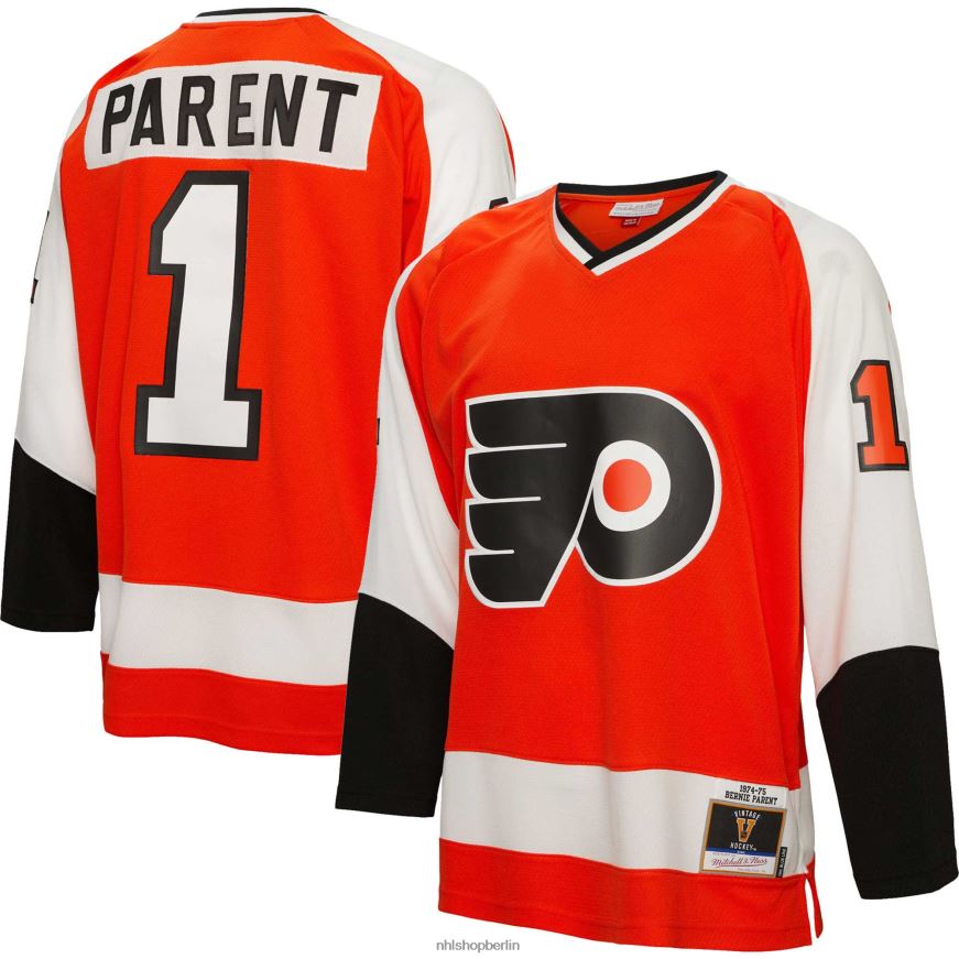Männer NHL Philadelphia Flyers Bernie Parent Mitchell  Ness Orange 1974 Blue Line Spielertrikot Kleidung BF680T942