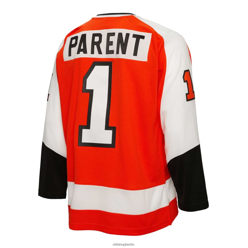 Männer NHL Philadelphia Flyers Bernie Parent Mitchell  Ness Orange 1974 Blue Line Spielertrikot Kleidung BF680T942