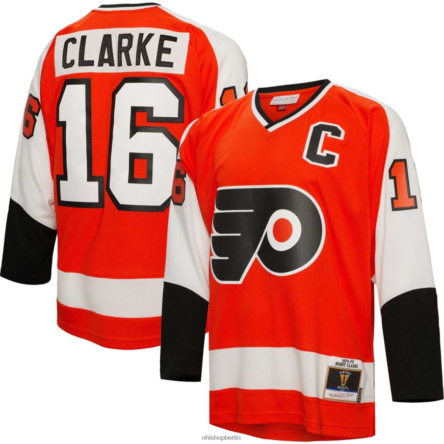 Männer NHL Philadelphia Flyers Bobby Clarke Mitchell  Ness Orange 1974 Blue Line Spielertrikot Kleidung BF680T1133