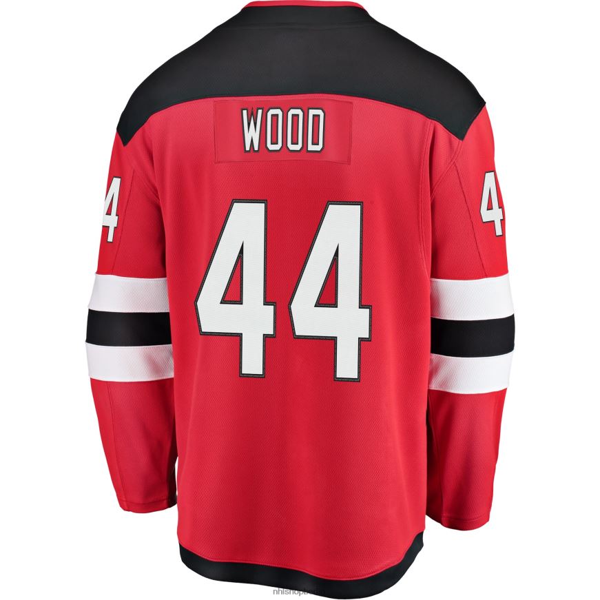 Männer NHL Rotes Home-Breakaway-Spielertrikot der New Jersey Devils Miles Wood mit Fanatics-Logo Kleidung BF680T1037