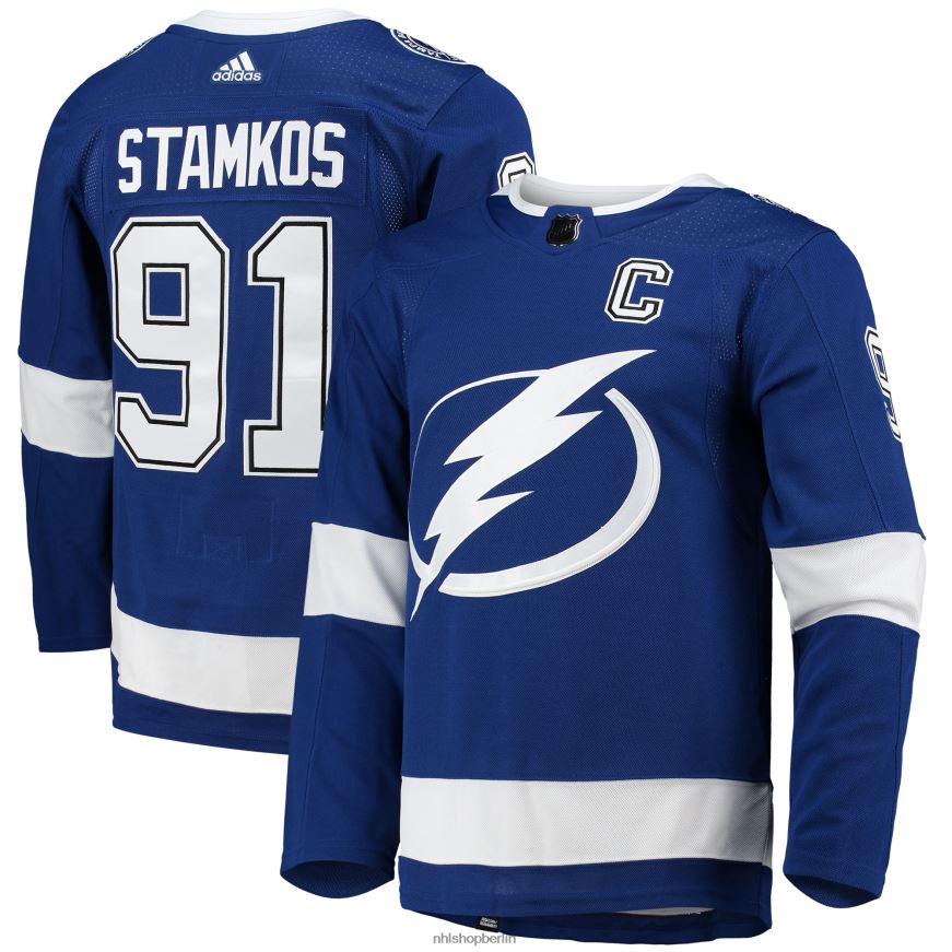 Männer NHL Tampa Bay Lightning Steven Stamkos Adidas Blue Home Captain Patch Primegreen Authentisches Profispieler-Trikot Kleidung BF680T164