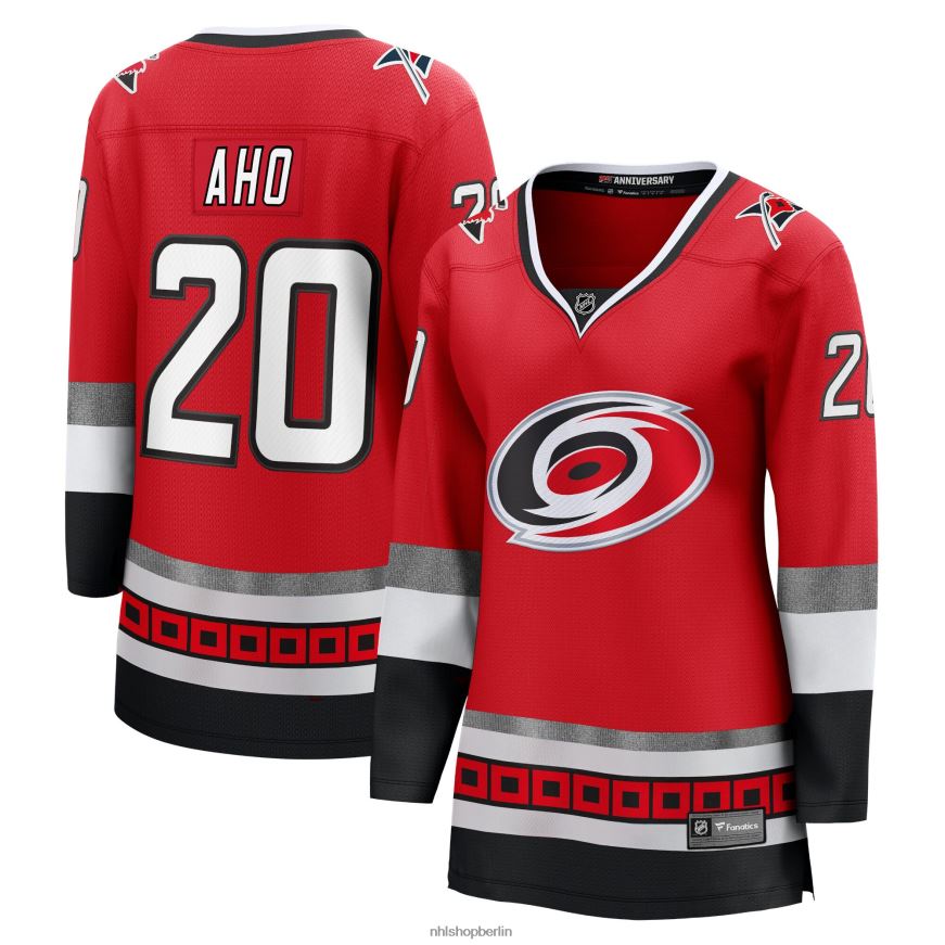 Frauen NHL Carolina Hurricanes Sebastian Aho Fanatics gebrandetes rotes Premier Breakaway-Spielertrikot zum 25-jährigen Jubiläum Kleidung BF680T1469