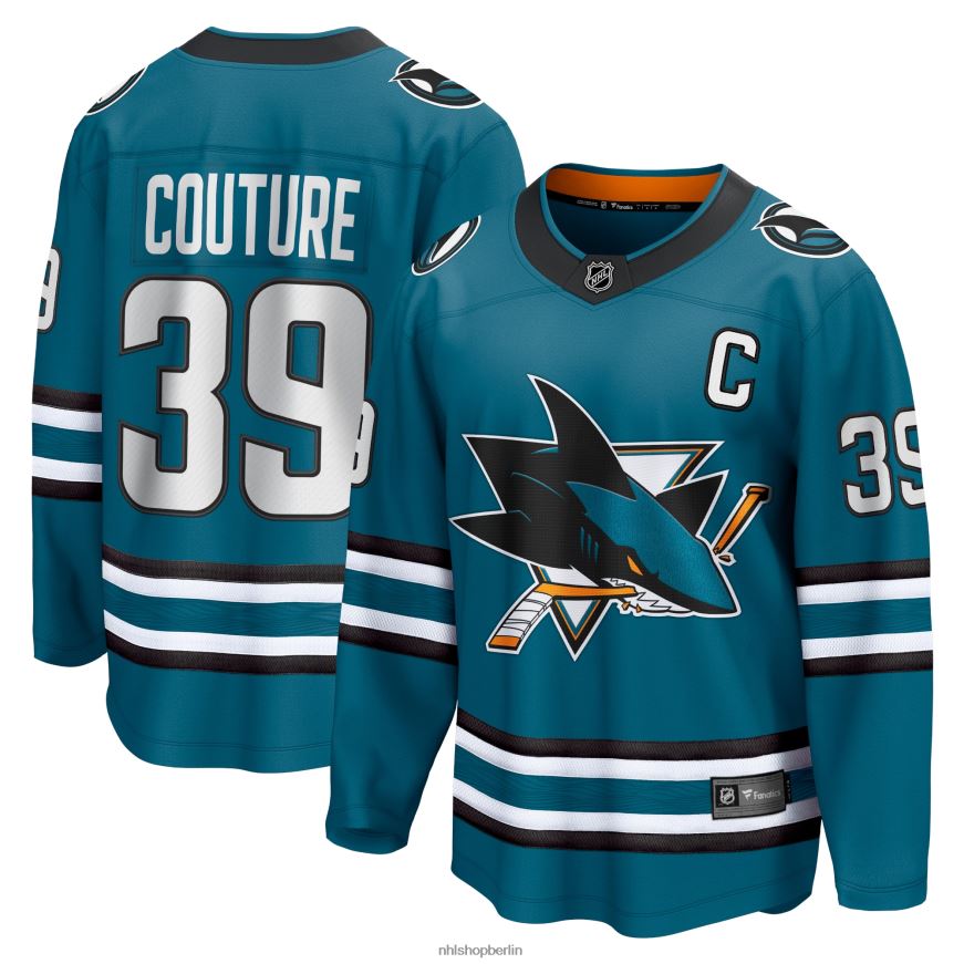 Männer NHL Blaugrünes Premier-Breakaway-Spielertrikot der San Jose Sharks mit Logo der Fanatics von Logan Couture Kleidung BF680T1296