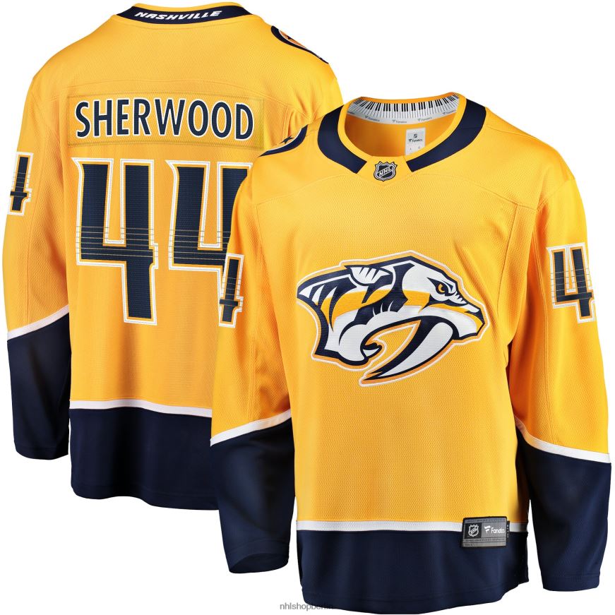 Männer NHL Goldfarbenes Home-Breakaway-Spielertrikot der Nashville Predators Kiefer Sherwood Fanatics Kleidung BF680T1946