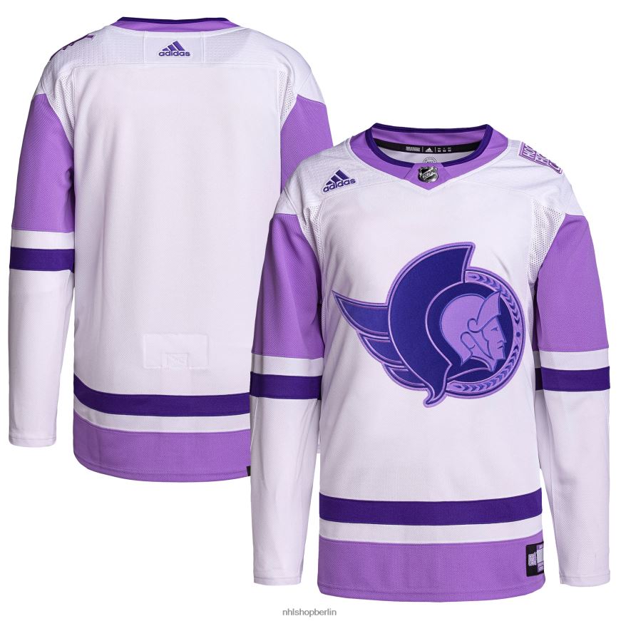 Männer NHL Ottawa Senators adidas weiß/lila Hockey bekämpft Krebs Primegreen authentisches Blanko-Trainingstrikot Kleidung BF680T1708
